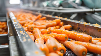 The food preparation plant is filled with portions of carrots being cut and separated on the transport belt. exhibiting a fascinating scene of industrial efficiency. 