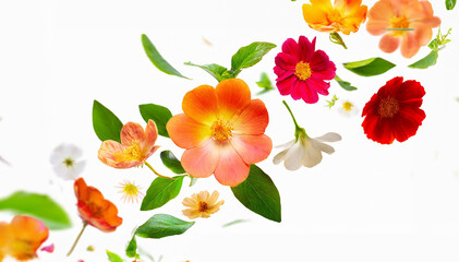wild flowers falling or floating in the air isolated on white background with green leaves. Generative AI, - 797923723