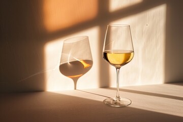 Close-up of assorted wine glasses, champagne coupes, tumblers and glasses on a tray in sunlight. Beautiful simple AI generated image in 4K, unique.