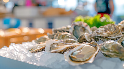 Fresh oysters on the half shell chilled on ice at the bustling morning seafood market.
