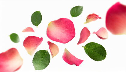 red rose petals falling or floating in the air isolated on white background with green leaves. Generative AI, - 797923904