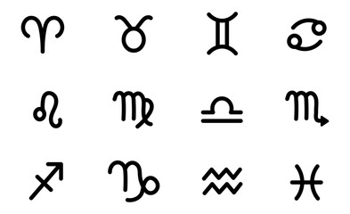 Illustration depicting a set of icons of zodiac signs in black, on a white background