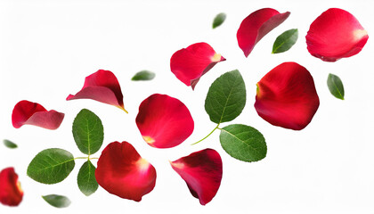 red rose petals falling or floating in the air isolated on white background with green leaves. Generative AI, - 797924748