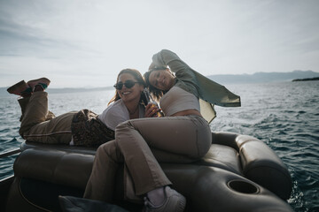 Two happy friends lounging on a boat, enjoying a carefree moment together on a serene lake during...