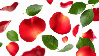 red rose petals falling or floating in the air isolated on white background with green leaves. Generative AI, - 797924926