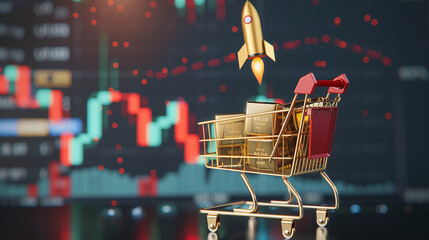 Shopping cart gold bars on stock chart background, price growth up concept.