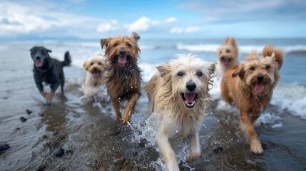 A group of dogs are running on the beach.