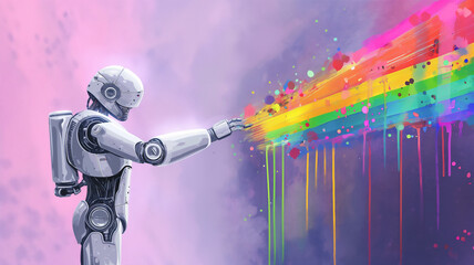 Robot painting a vibrant spectrum of colors on a purple background. - Powered by Adobe
