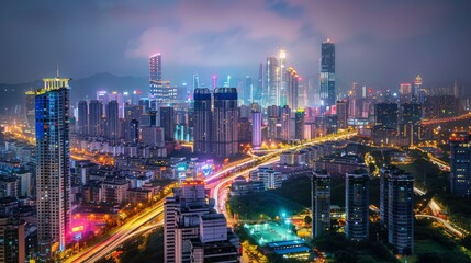 Fototapeta premium Shenzhen city buildings at night and blurred car lights