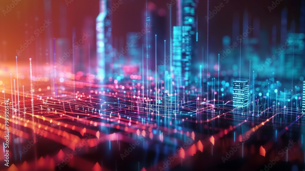Poster Smart city and abstract line and dot connect with gradient line design , big data connection technology concept. 3d render