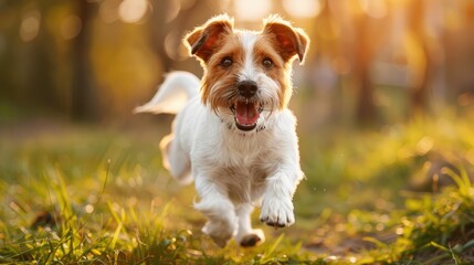 A happy dog runs through a grassy field towards the camera in slow motion