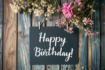 a slate board with text "Happy Birthday" on it hanging on a  rustic wooden wall surrounded by flowers