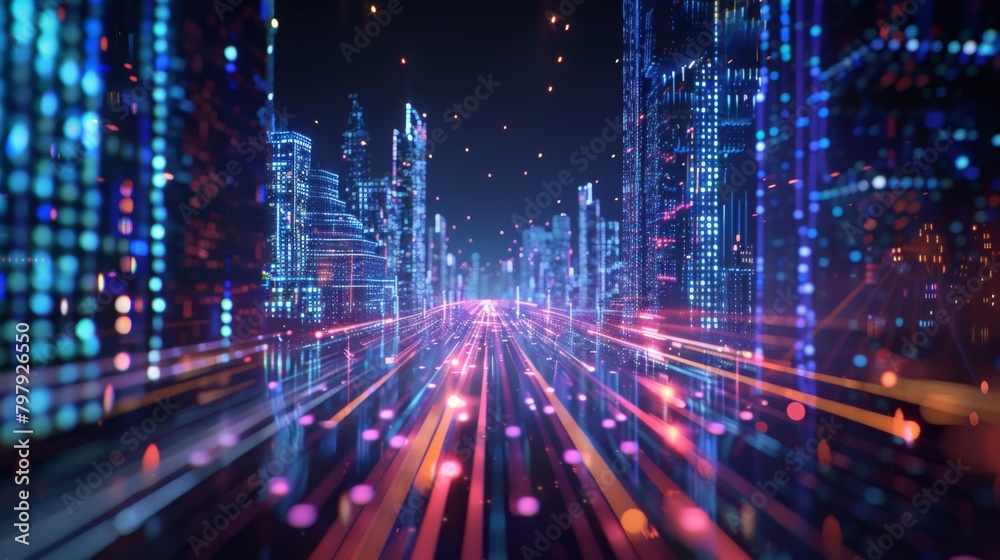 Poster Smart city and abstract polygon pattern connection with speed line light, big data connection technology concept.
