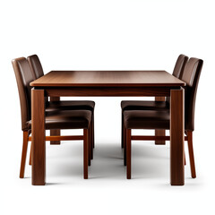 A set of four brown wooden chairs and a matching table