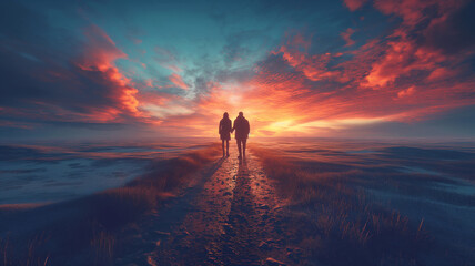Obraz premium A couple walking in a field with a beautiful sunset in the background