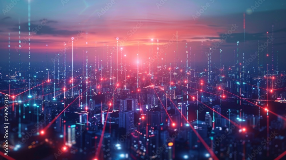 Leinwandbilder Smart city connection dot point connect with line network, technology metaverse concept.Big data connection technology. Telecommunication and communication network concept.
