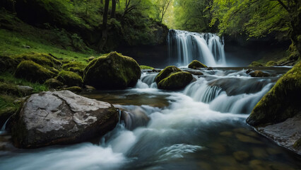 Landscape with river and forest with green trees. Silky crystal water and long exposure. Ordesa Pyrenees.
