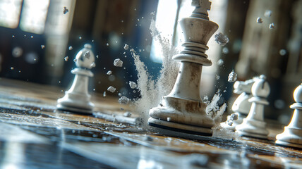 A chess game is in progress with a white king falling off the board
