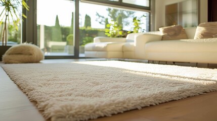 Sunny Modern Living Room with Plush White Carpet