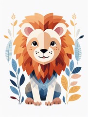 Whimsical lion vector, childlike simplicity, white background, flat graphic style ,  vector