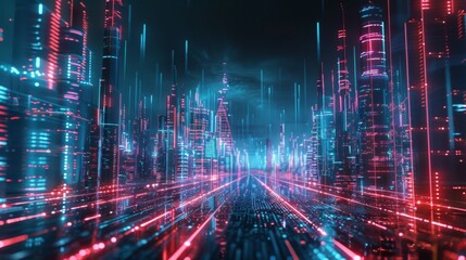 Obraz premium Smart city with speed line glowing light trail surround the city. big data connection technology concept