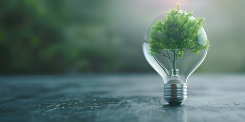 Light bulb energy saving & environment tree growth in light bulb Renewable energy concept Earth Day or environment protection Hands protect forests that grow on the ground