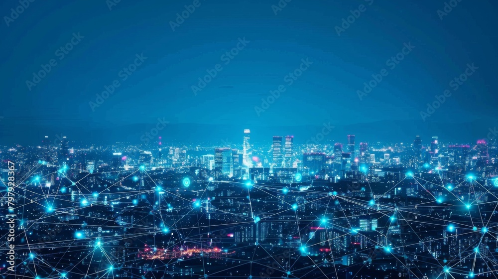 Poster smart digital city with connection network reciprocity over the cityscape . concept of future smart 