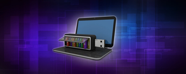 3d rendering office document Binder in pen drive with laptop
