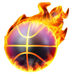A basketball ball on fire, surrounded by waving flames, radiating with the dynamic intensity and energy of the sport of basketball. 3D illustration