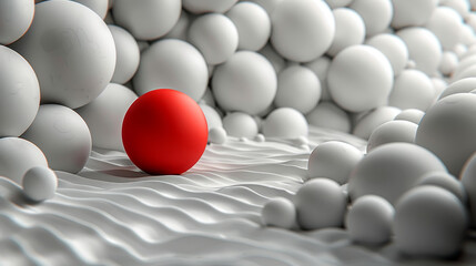 A red ball is surrounded by many white balls. The red ball stands out as the only one of its kind in the sea of white. Concept of isolation and uniqueness