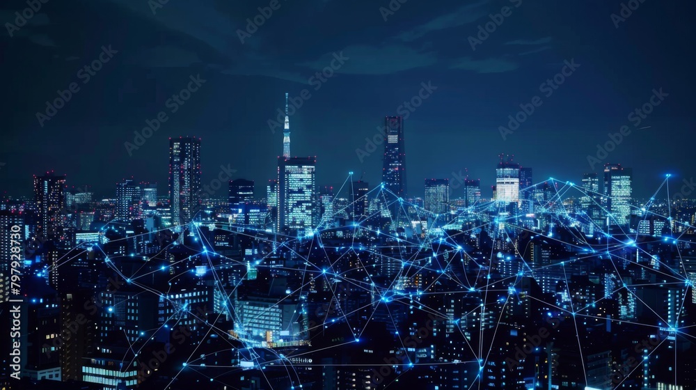 Aufkleber smart digital city with connection network reciprocity over the cityscape . concept of future smart 