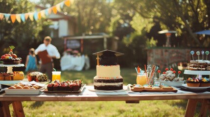Graduation party outdoors in the garden during daylight in a sunny day. Cakes and deserts are ready