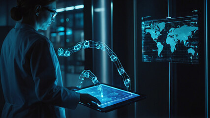 Medicine doctor touching electronic medical record on tablet. DNA. Digital healthcare and network connection on hologram modern virtual screen interface, medical technology and network concept