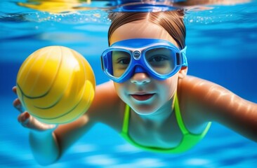 Cute child in a rubber swimming cap and goggles swims underwater with a ball in his hand in the pool