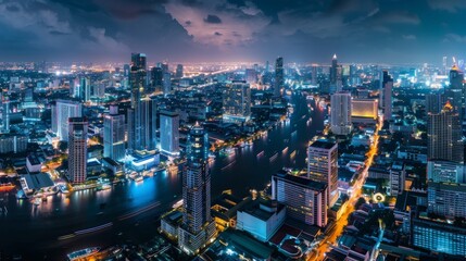 Fototapeta premium Smart network and Connection technology concept with Bangkok city background at night in Thailand, Panorama view