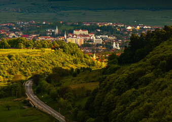 Odorheiu Secuiesc from above. Aerial view of this beautiful city from Transylvania, Harghita...