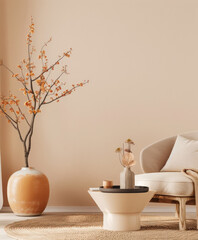 Serene interiors with zen elements in a minimalistic room composition. Copyspace for text, meditation inviting image in peach color.