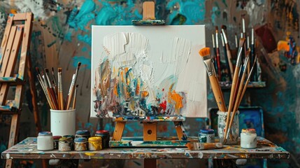 An art class setup with canvas, brushes, and paints ready for a lesson