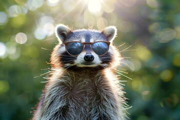 A raccoon embracing the sun's rays, its sunglasses providing a shield from the brightness.