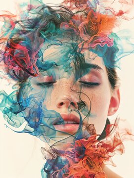 A portrait of a woman with colorful smoke coming out of her head.