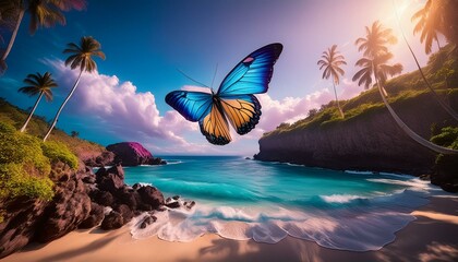 A blue and yellow butterfly flying over the island of Barbados