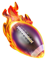 A football ball on fire, surrounded by waving flames, radiating with the passion and energy of the sport of American football. 3D illustration