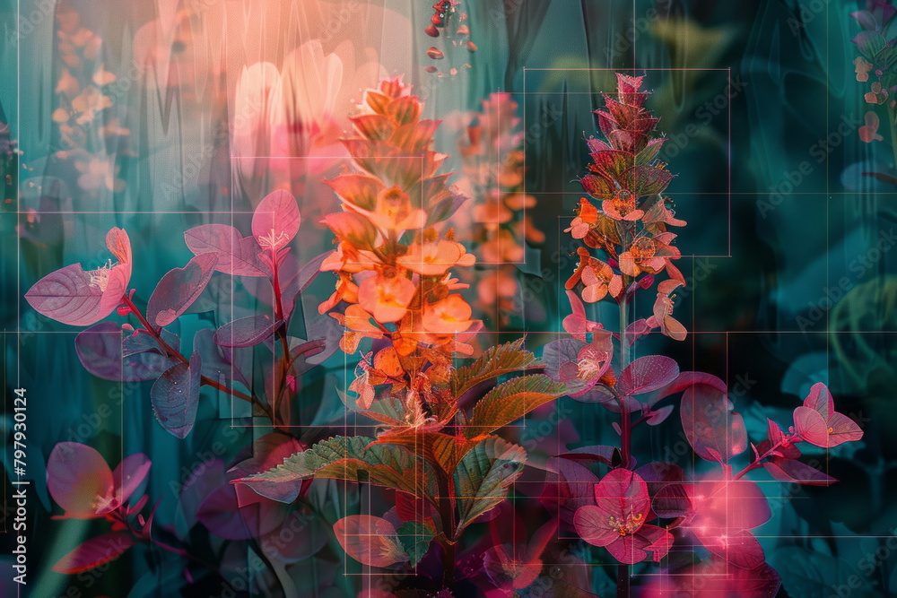 Poster a digital collage merging images of endemic species with elements of cybernetic networks, blurring t