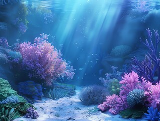 Fototapeta na wymiar Illustrate an enchanting underwater scene showcasing the magnificent coral reefs elastin nature in a photorealistic style with a dreamy depth of field effect that transports viewer