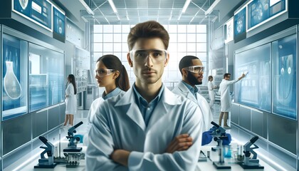 R&D centre image with portrait of engineers wearing protection glasses researching new energy sources