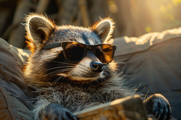 A raccoon embracing the sun's warmth, its sunglasses creating a play of light and shadows.