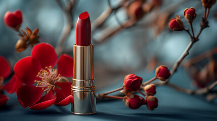 An elegant bright red lipstick will emphasize the beauty and juiciness of the lips, giving the image style and seductiveness to create a memorable image with ease - obrazy, fototapety, plakaty