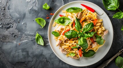 Stir fried trivelle pasta with Canned tuna fish and crispy basil leaves in white plate,Spicy pasta Pad Kra Pao.Thai fusion food - obrazy, fototapety, plakaty