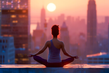 Woman sitting in a lotus pose on cityscape