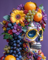 the skull of the dead with a bouquet of colorful flowers and leaves.
